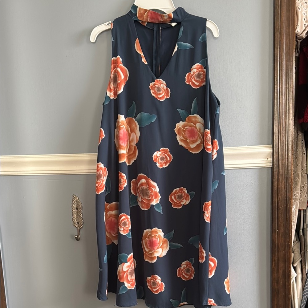 Floral High Neck Dress - Navy and Orange